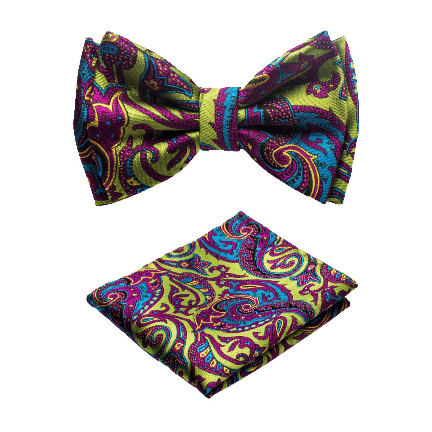 A Lime Green, Purple, Blue Detailed Paisley Pattern Silk Self Tie Bow Tie, Matching Pocket Square