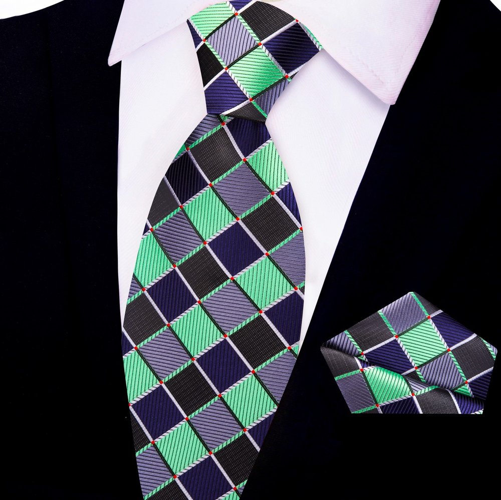 Green, Black, Grey Geometric Tie and Pocket Square