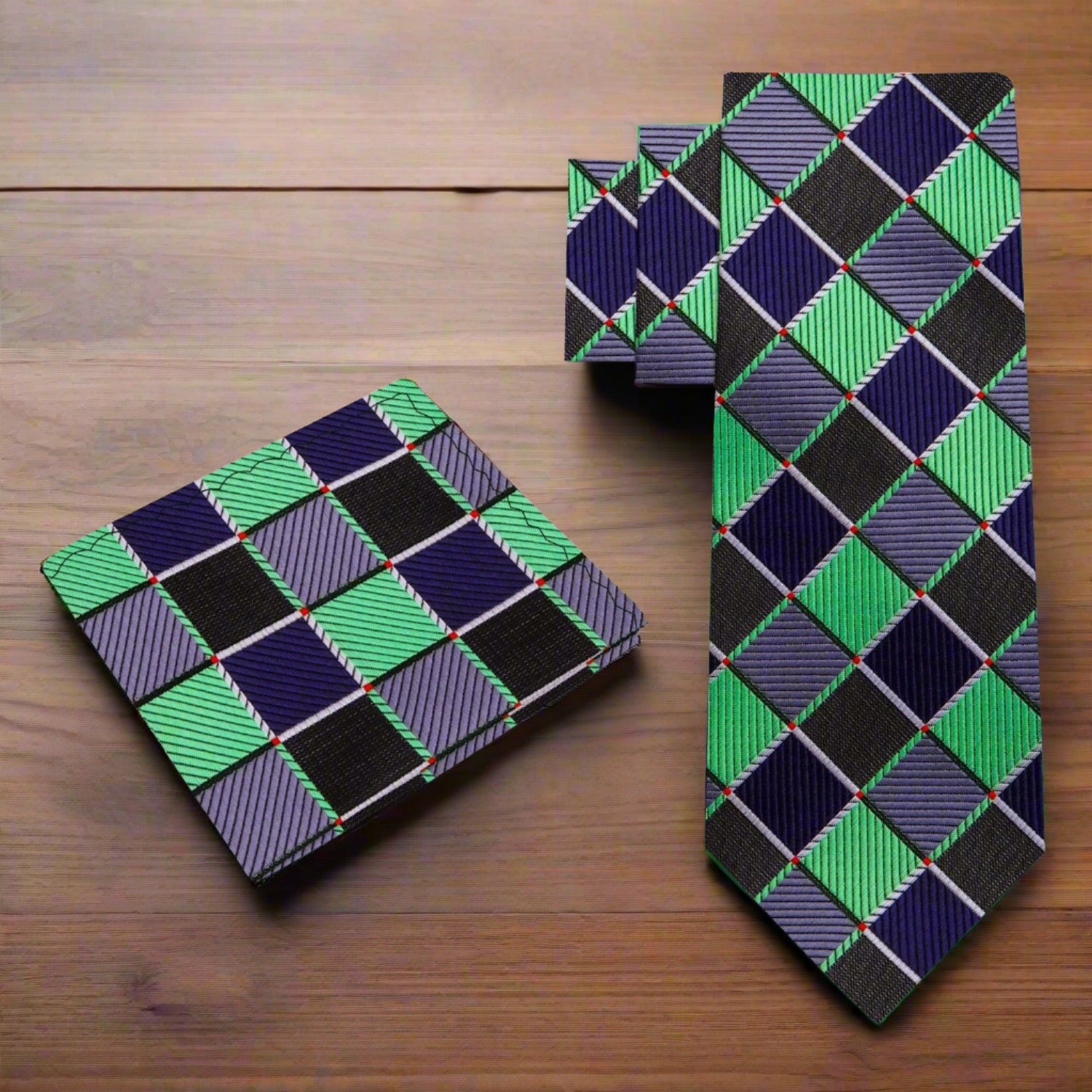 Alt View: Green, Black, Grey Geometric Tie and Pocket Square