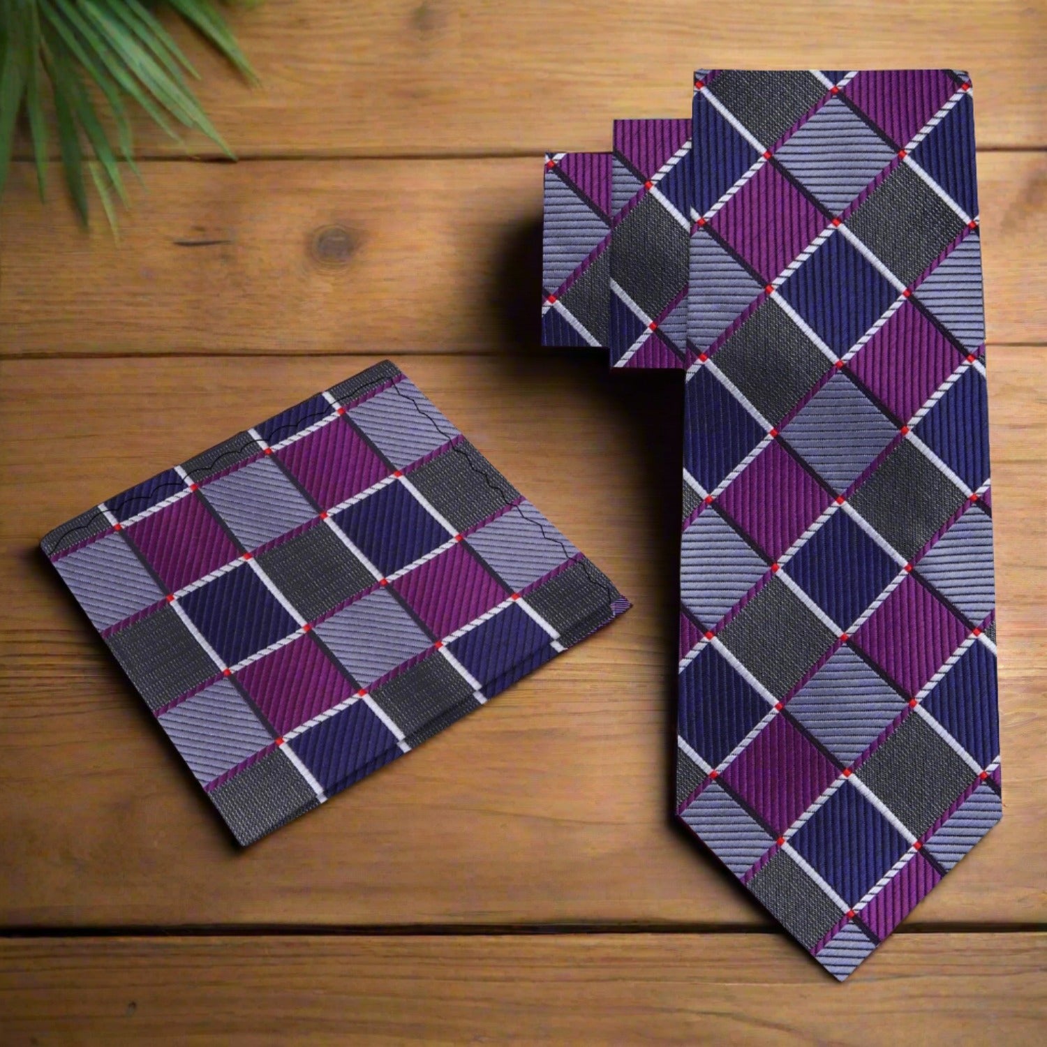alt View of Magenta, Grey, and Black Geometric Tie and Pocket Square