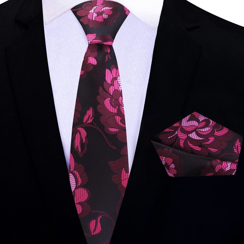 Thin Tie: Sangria, Burgundy, Pink Large Flowers Tie and Pocket Square||Sangria