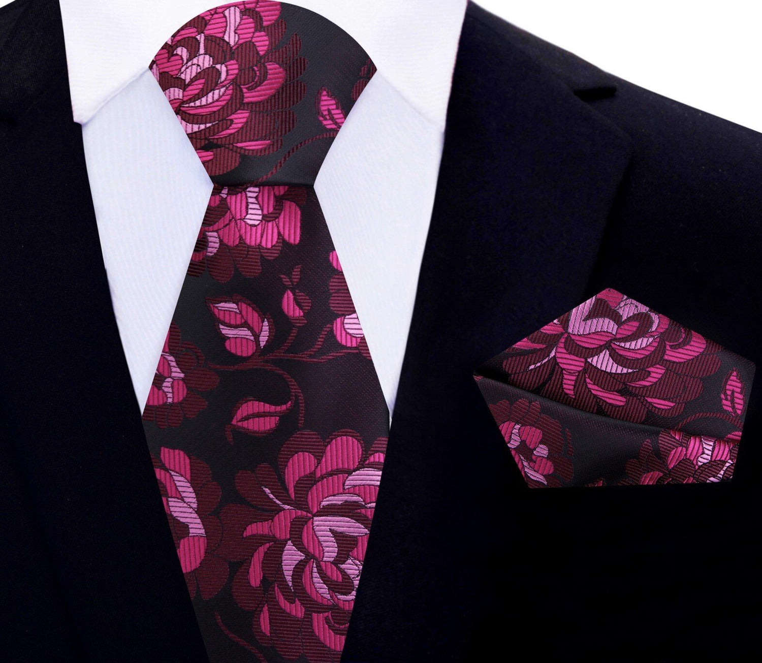 Main View: Sangria, Burgundy, Pink Large Flowers Tie and Pocket Square