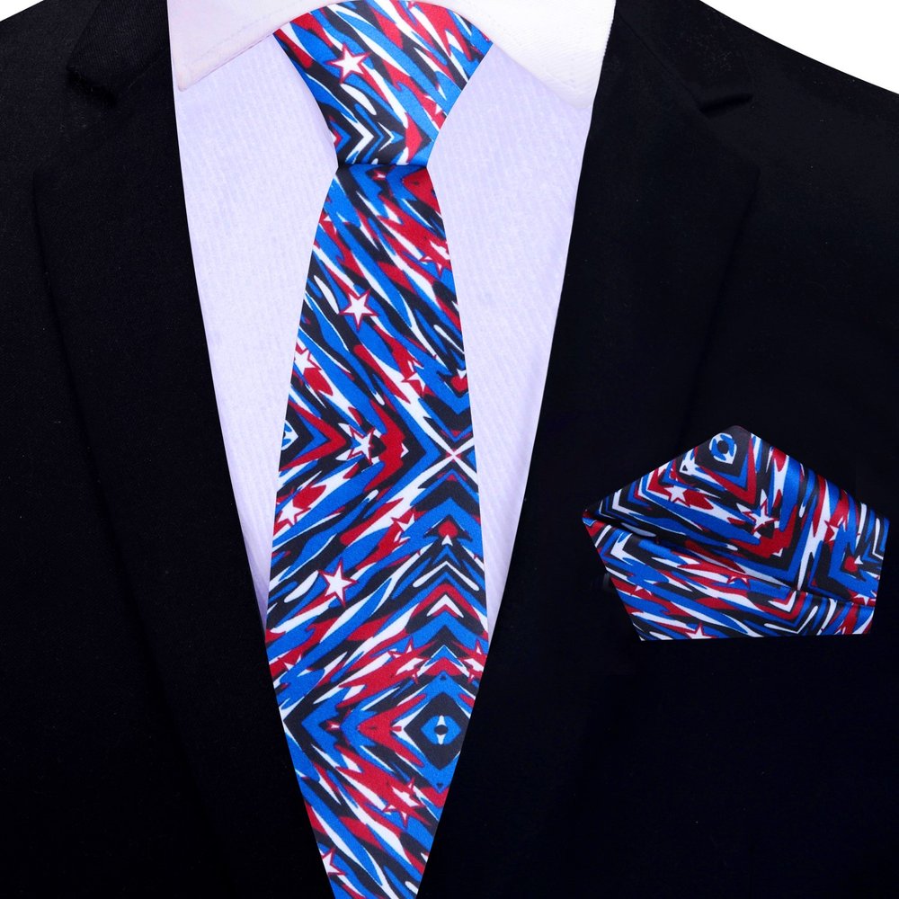 Thin Tie View; View 2: Blue, Red, Black White Abstract Shapes And Stars Tie and Pocket SquareBlue, Red, Black White Abstract Shapes And Stars Tie and Pocket Square 