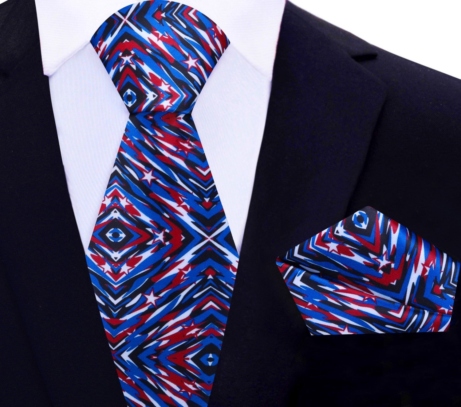 Main View: Blue, Red, Black White Abstract Shapes And Stars Tie and Pocket Square