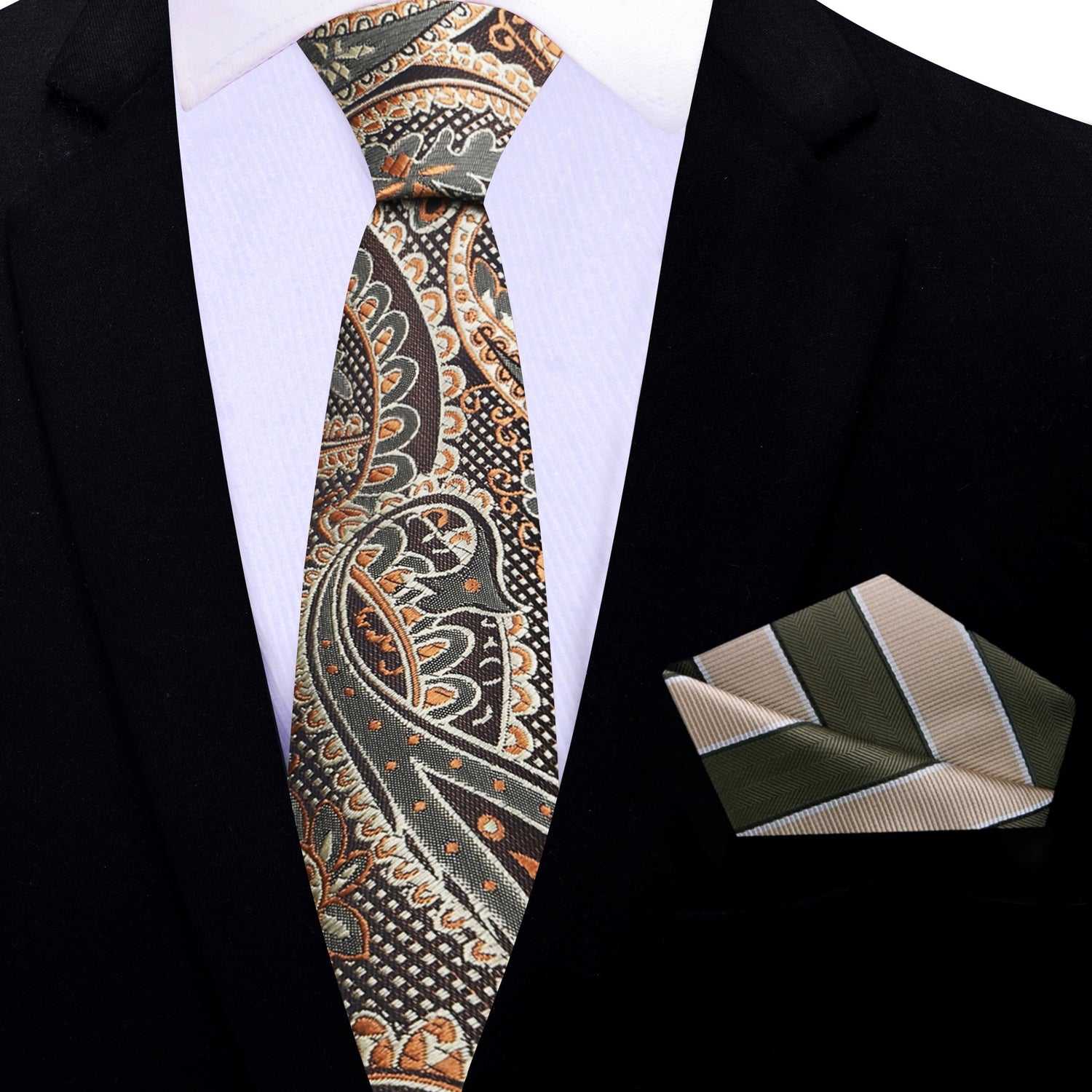 Thin Tie: Shades of Brown Paisley Small Check Paisley Tie and Stripe Pocket Square