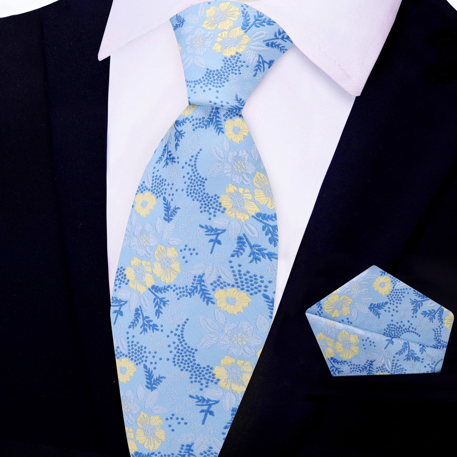 Light Blue, Blue, Light Yellow Floral Tie and Pocket Square