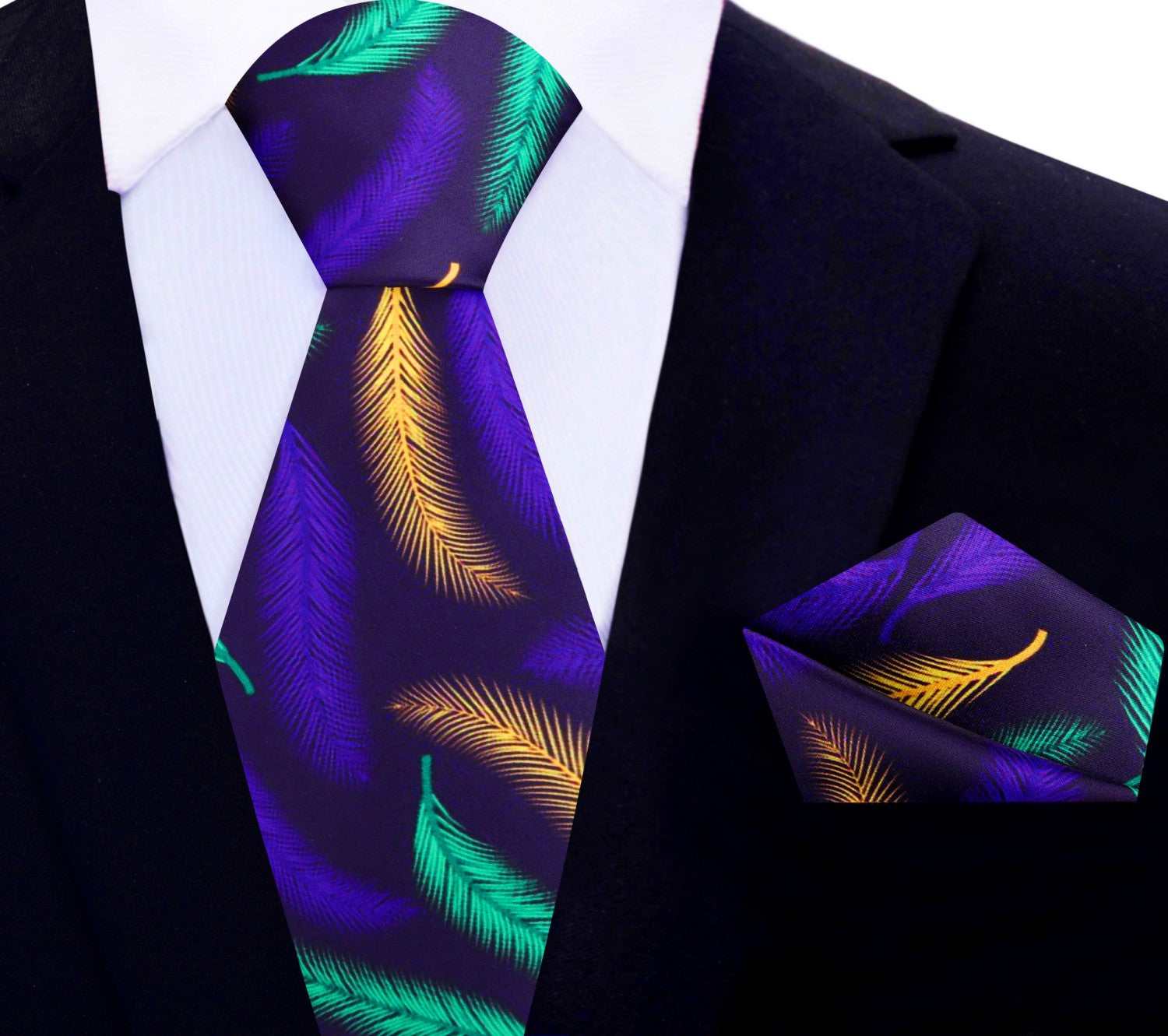 Dark Purple, Purple, Yellow, Green Feather Tie and Pocket Square