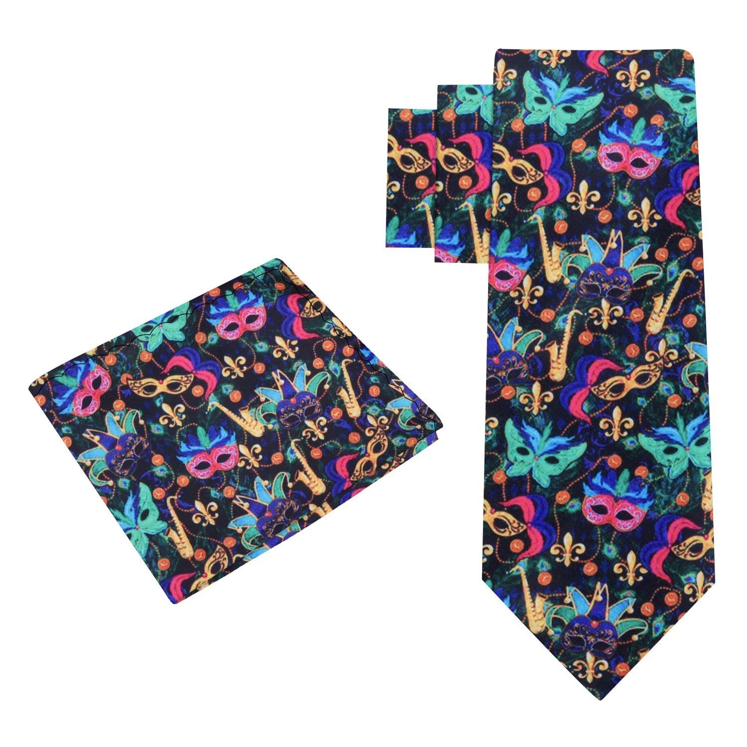 View 3: Black, Blue, Green, Pink Mardi Gras Masks Tie and Square