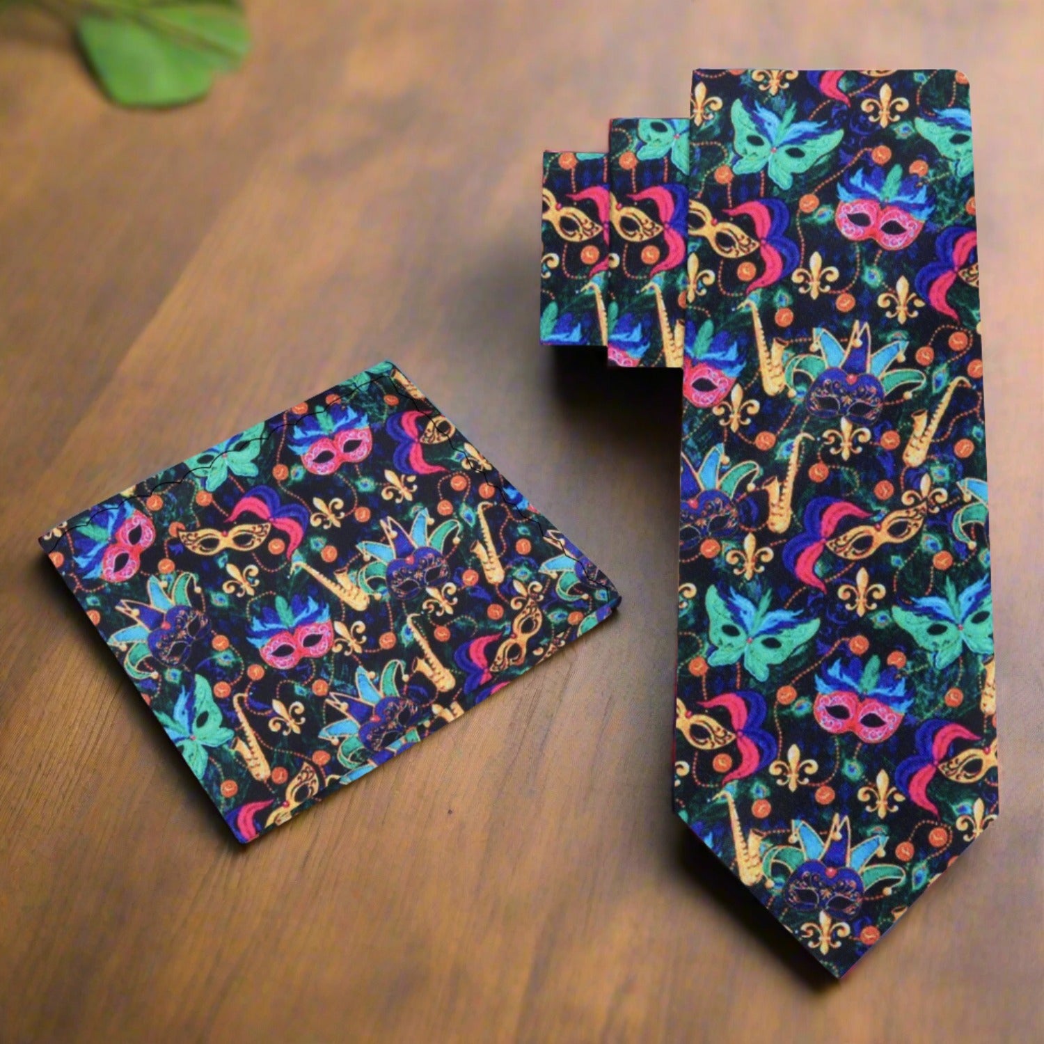 View 3: Black, Blue, Green, Pink Mardi Gras Masks Tie and Square