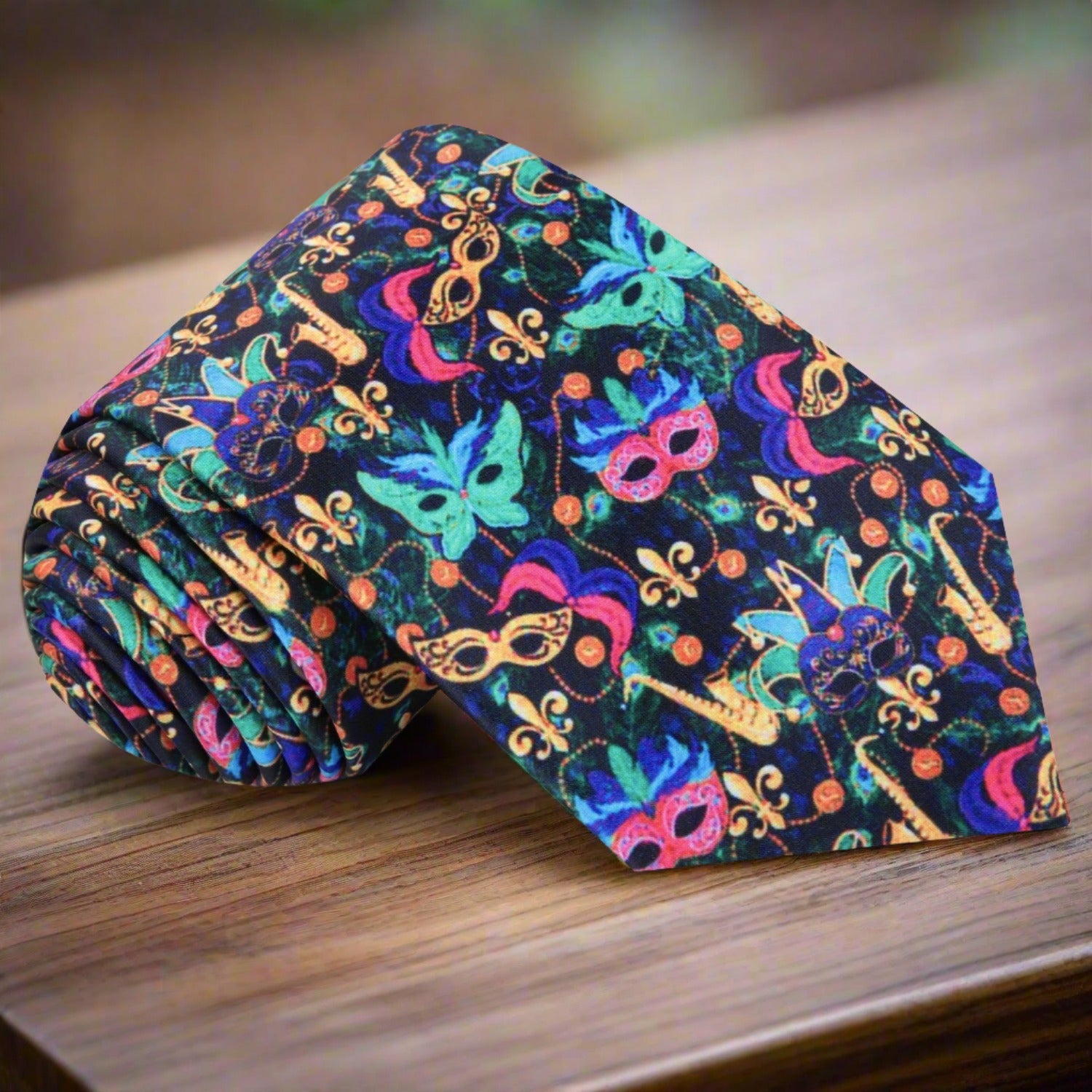 Black, Blue, Green, Pink Mardi Gras Masks Tie 