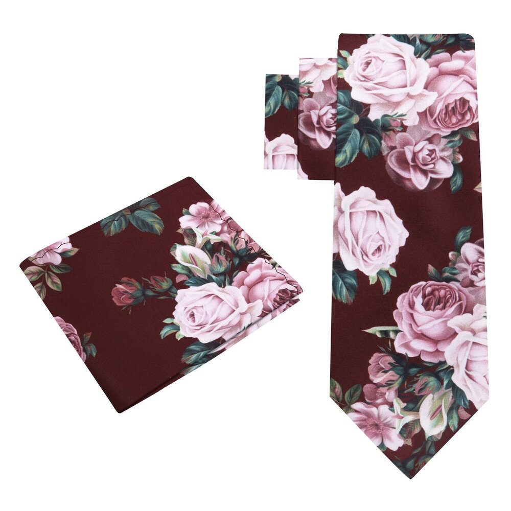 A Cabernet With Dust Mauve Bold Roses With Leaves Pattern Silk Necktie, Matching Pocket Square||Cabernet with Dusty Mauve Floral