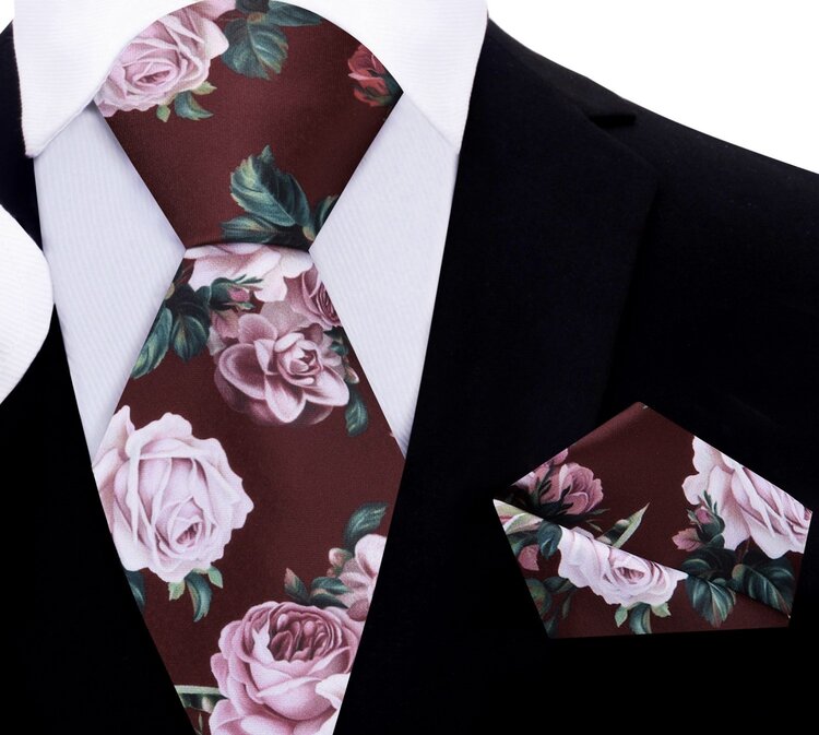 Main View: A Cabernet With Dust Mauve Bold Roses With Leaves Pattern Silk Necktie, Matching Pocket Square