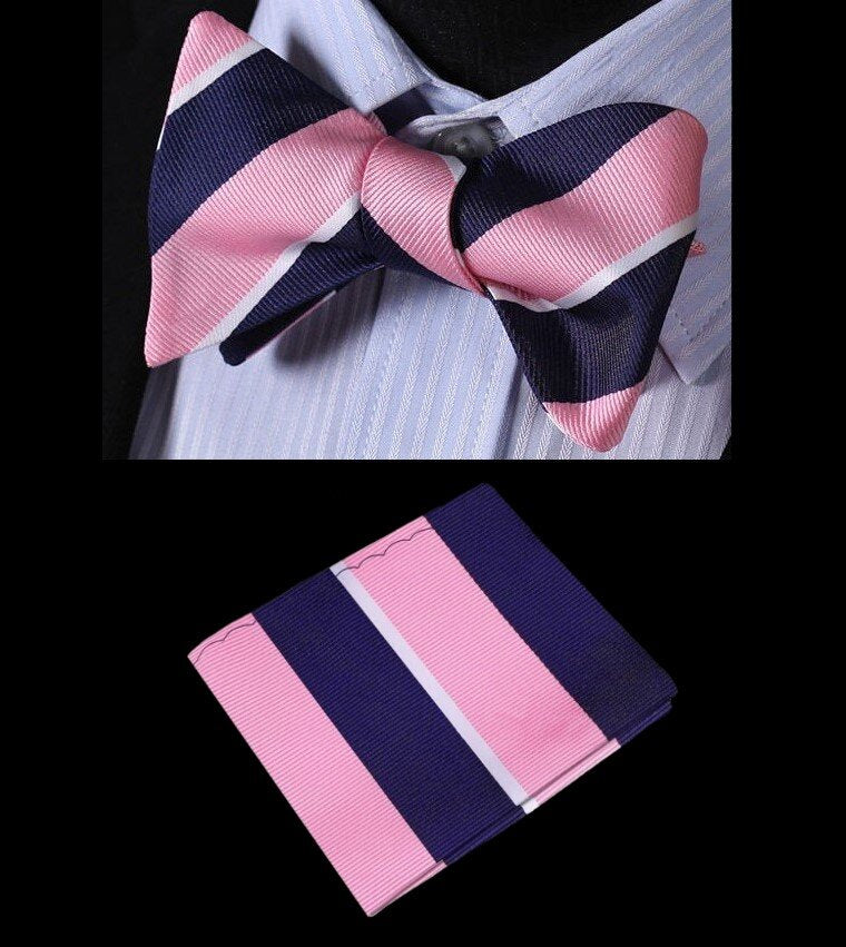 A Pink, Blue Stripe Pattern Silk Self Tie Bow Tie, With Matching Pocket Square ||Pink, Deep Blue, White