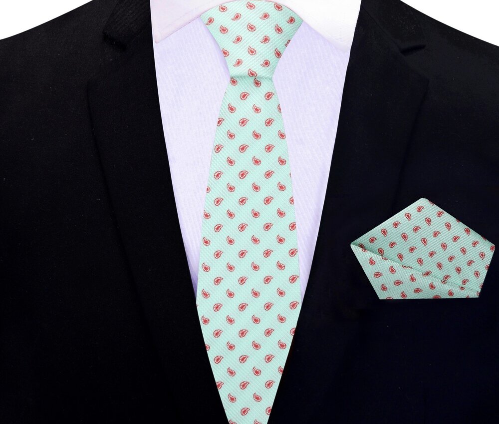 Thin Tie: Mint Green, Red Paisley Silk Tie and Pocket Square