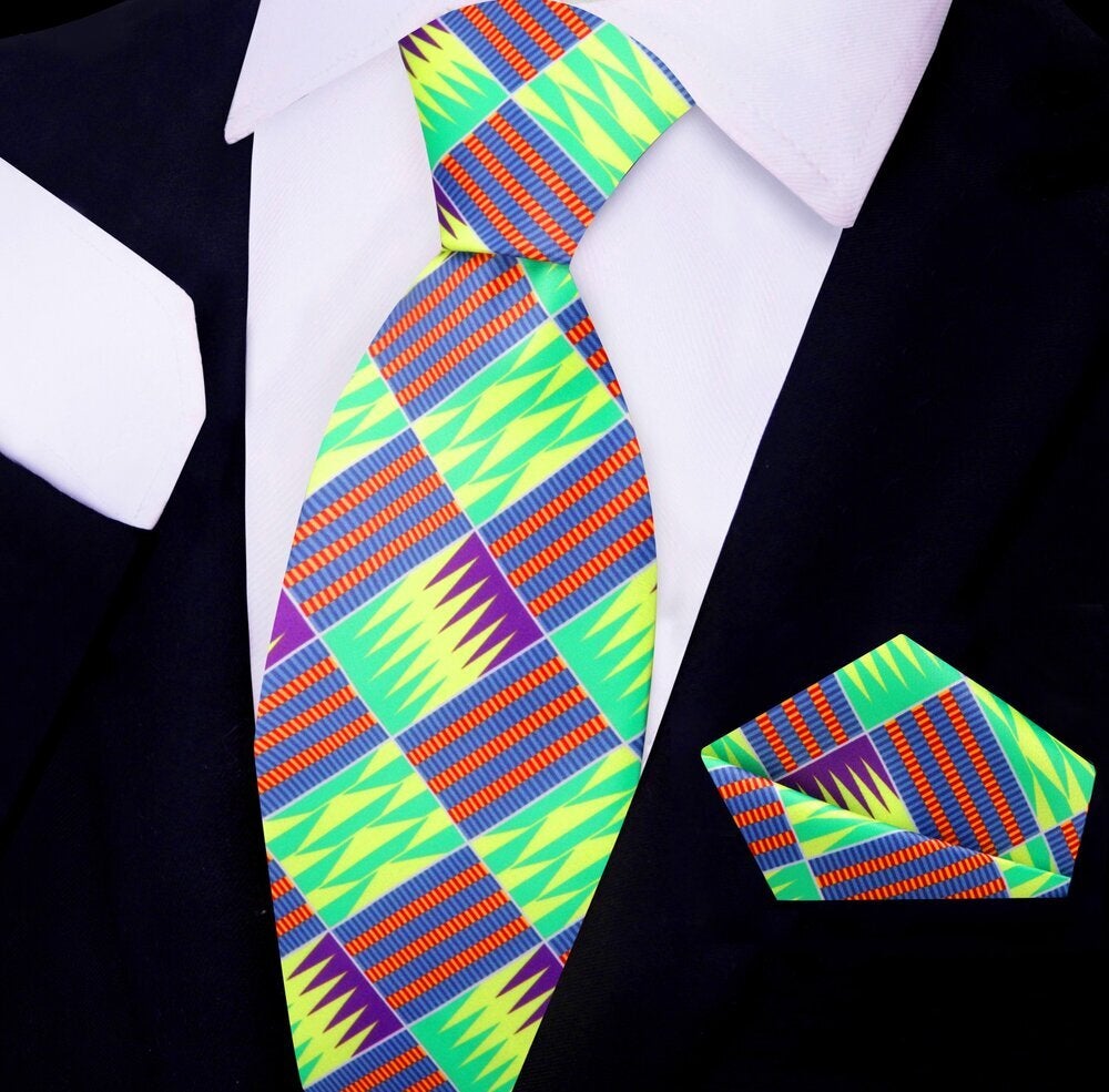 Yellow, Green, Blue, Red and Purple Abstract/Geometric Tie and Square