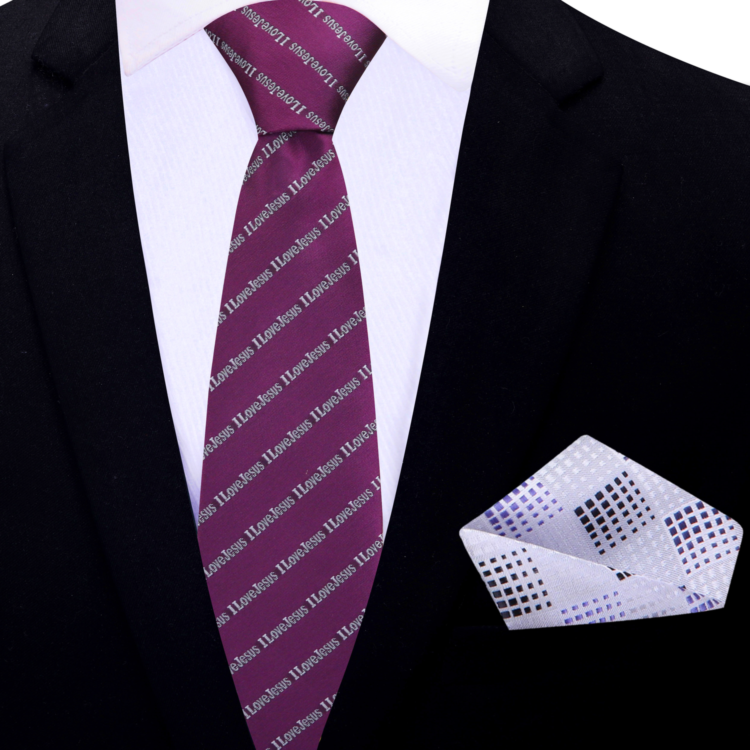 Thin Tie: Mulberry Purple and Grey I love Jesus Tie and Accenting Light Grey and Black Geometric Square
