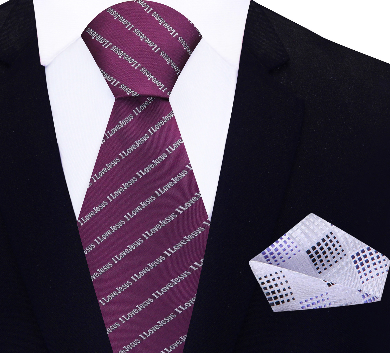 Mulberry Purple and Grey I love Jesus Tie and Accenting Light Grey and Black Geometric Square