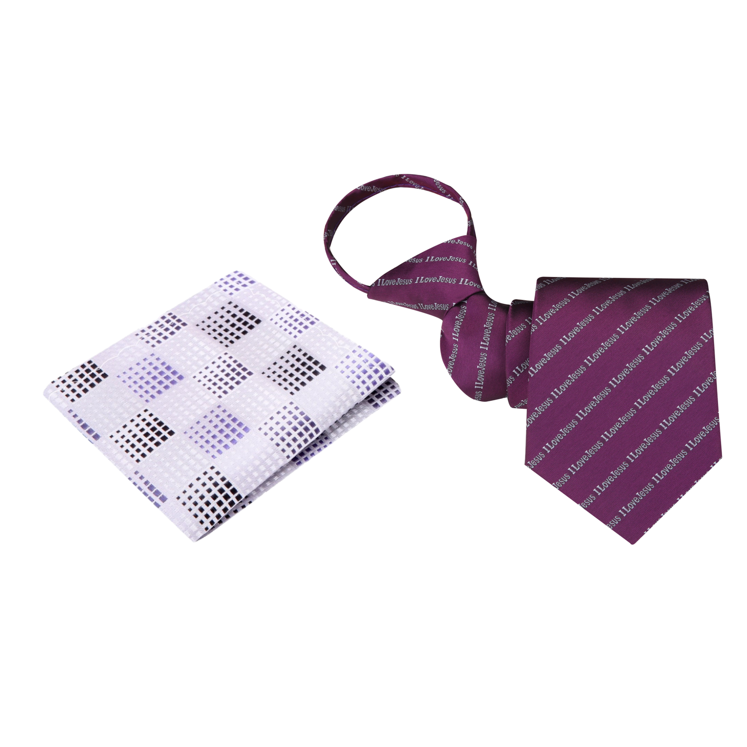 Alt View Zipper Tie Mulberry Purple and Grey I love Jesus Tie and Accenting Light Grey and Black Geometric Square