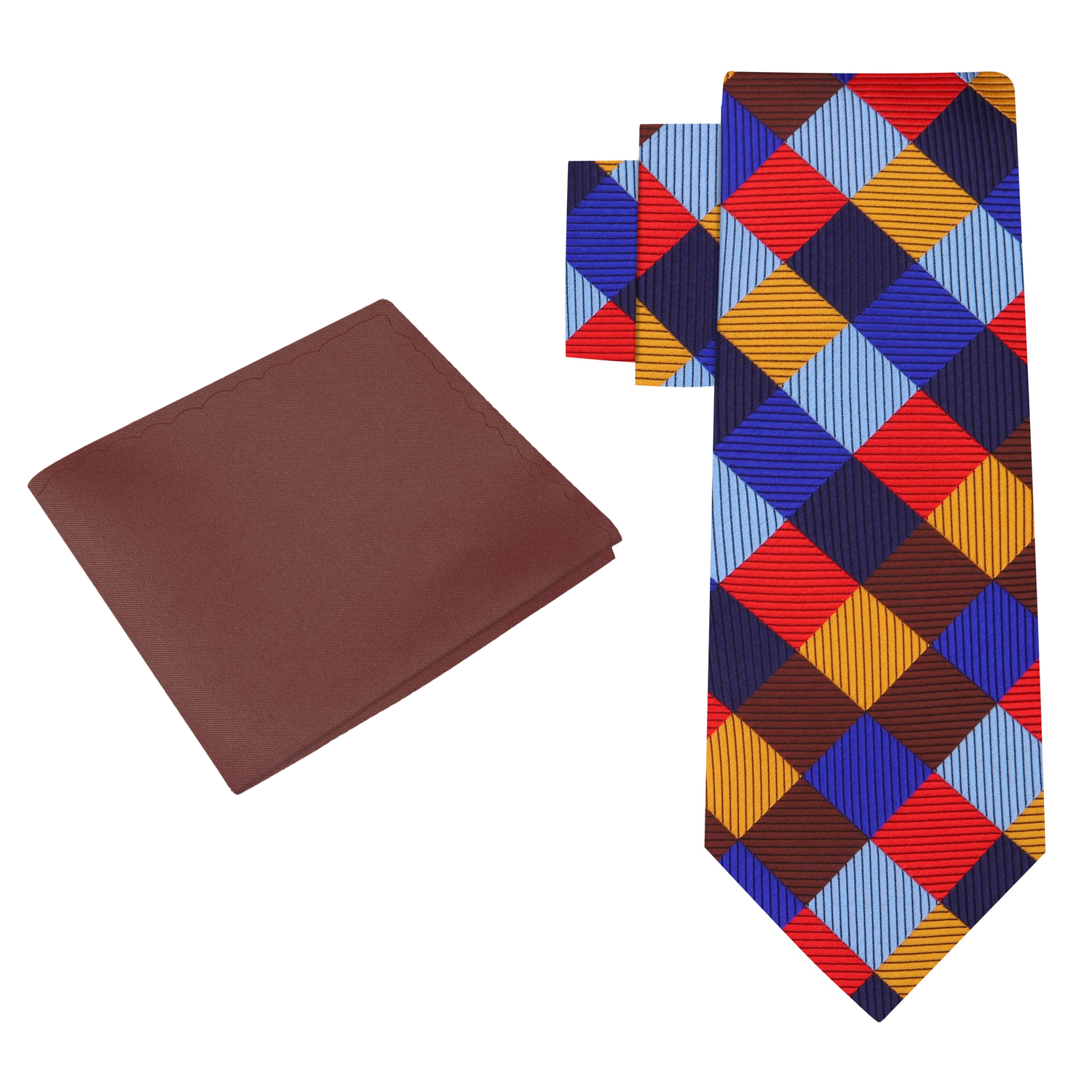 View 2: A Red, Blue, Yellow, Light Blue Color Checker Pattern Silk Necktie, Brown Pocket Square