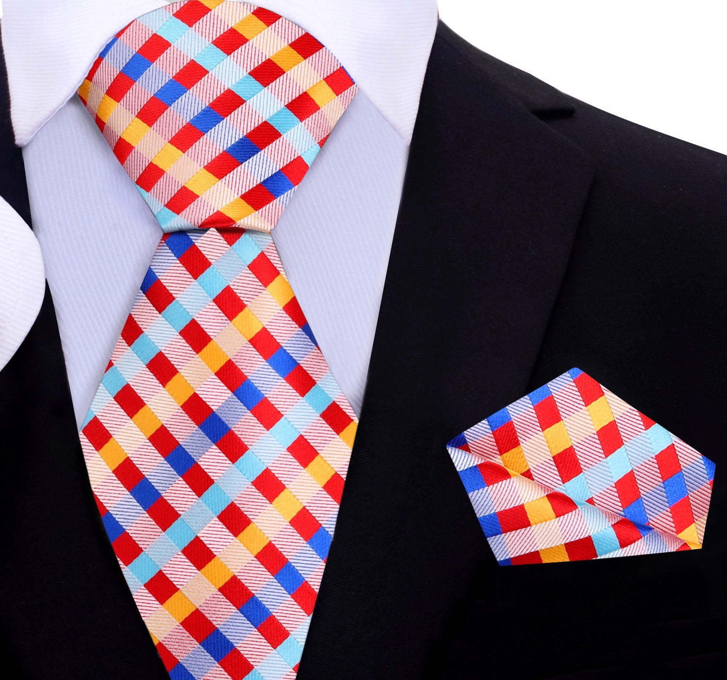 Red, Blue, Light Blue, Yellow, Orange Pattern Silk Necktie, Matching Pocket Square