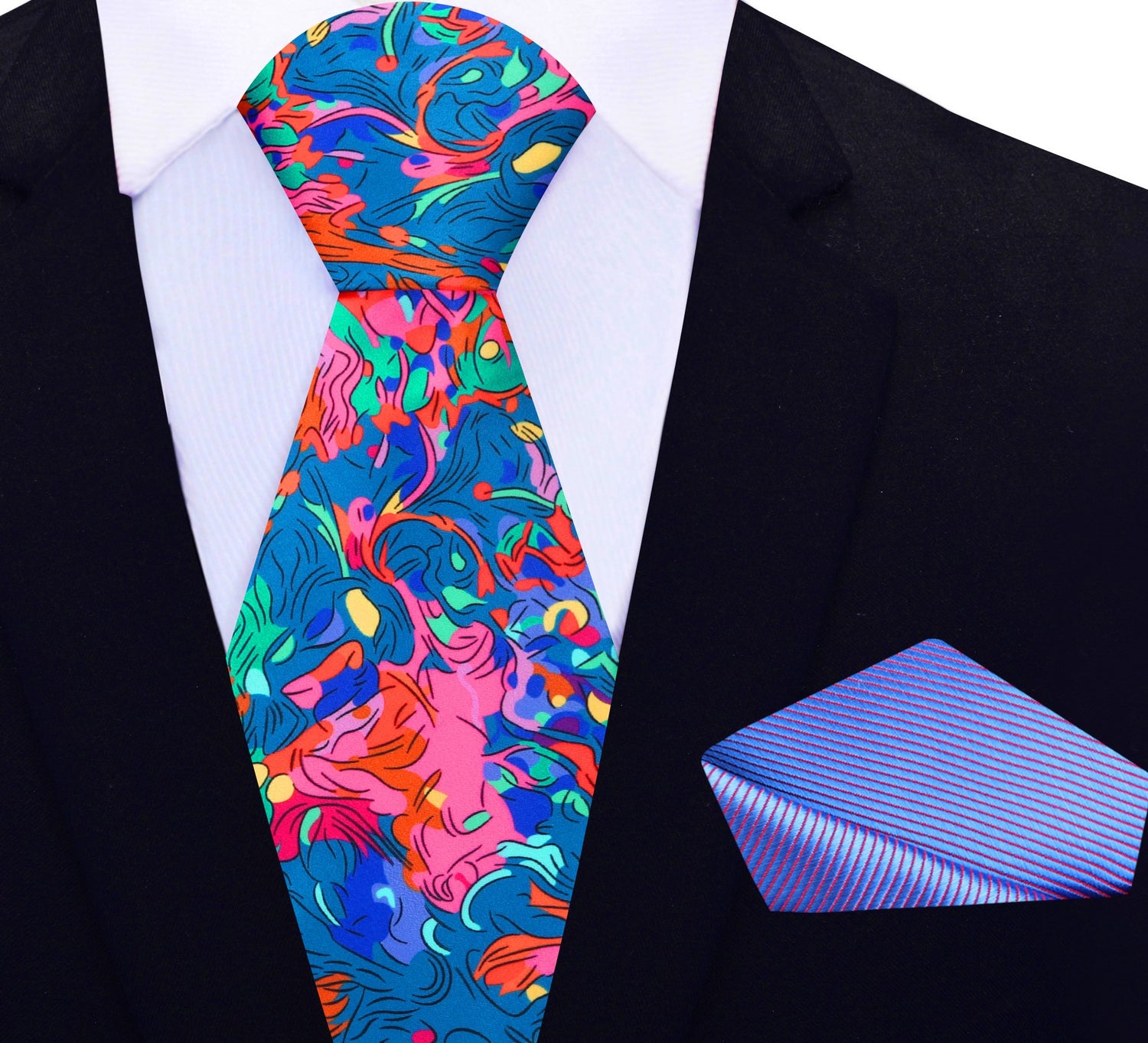 A Bright Multi Colored Abstract Necktie And Light Blue Square