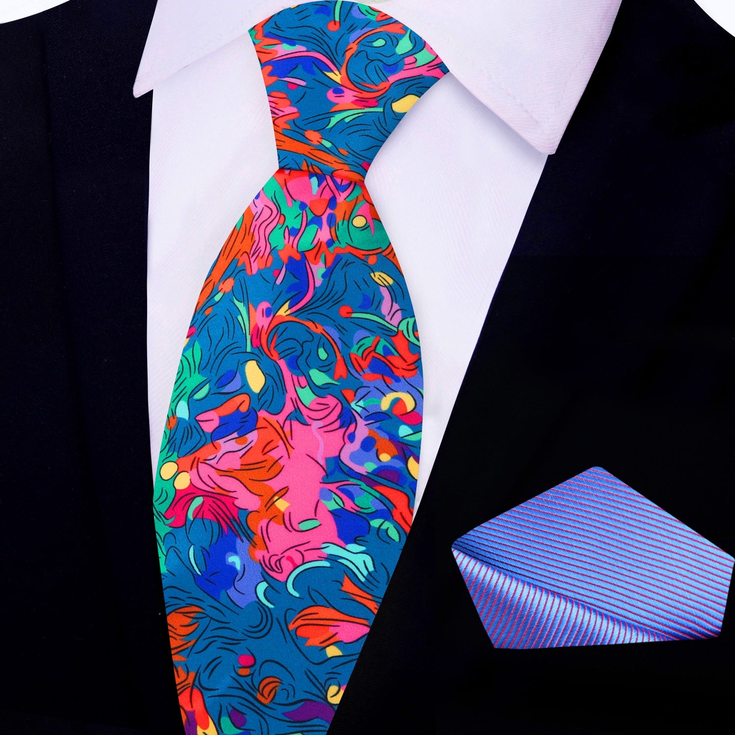 Alt View: A Bright Multi Colored Abstract Necktie And Light Blue Square
