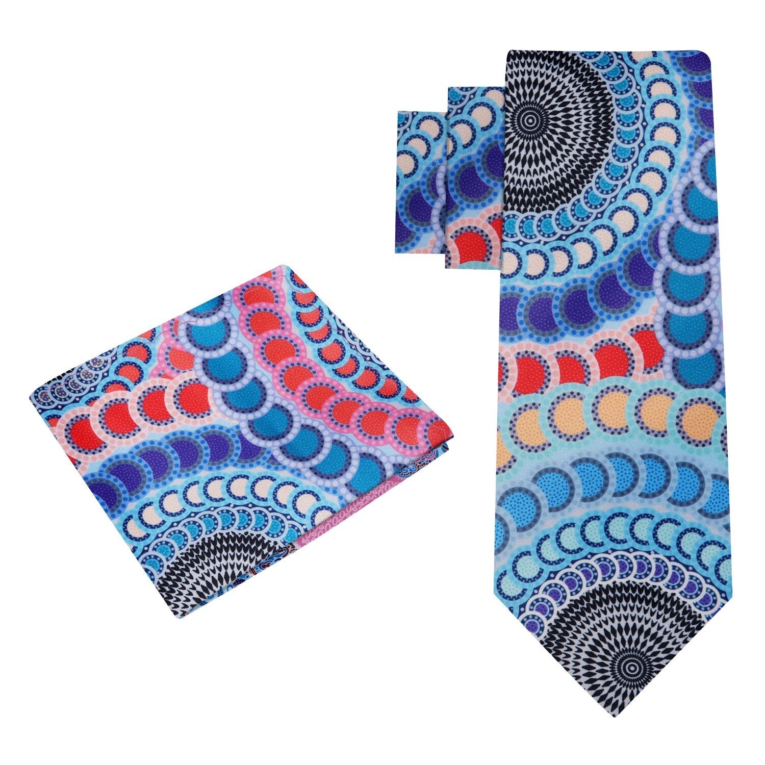 Alt View: A Blue, Red, Purple, Yellow Color Abstract Circles Pattern Silk Tie, Pocket Square