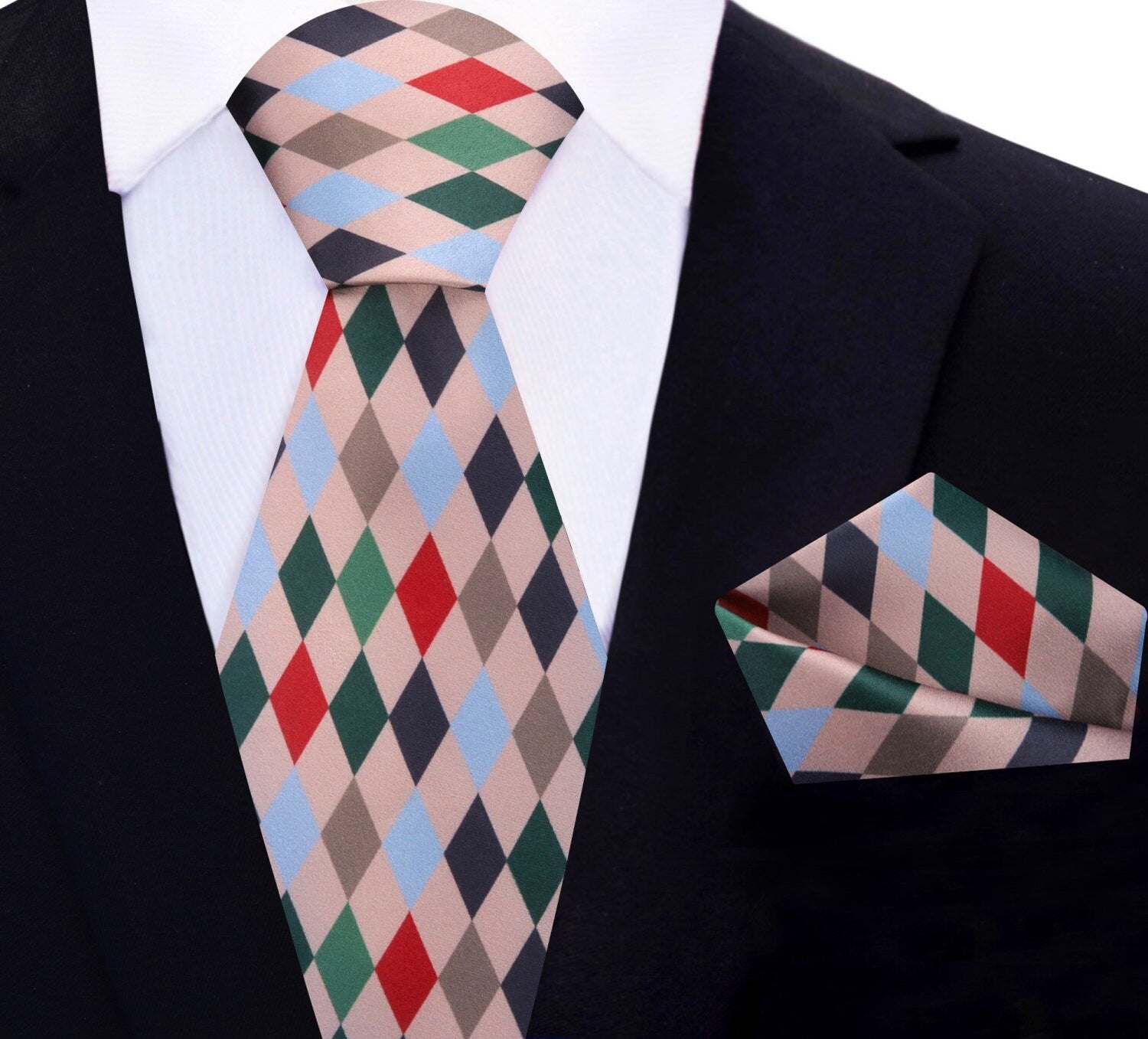 Main View Red, Green, Brown, Blue Harlequin Diamonds Tie and Pocket Square