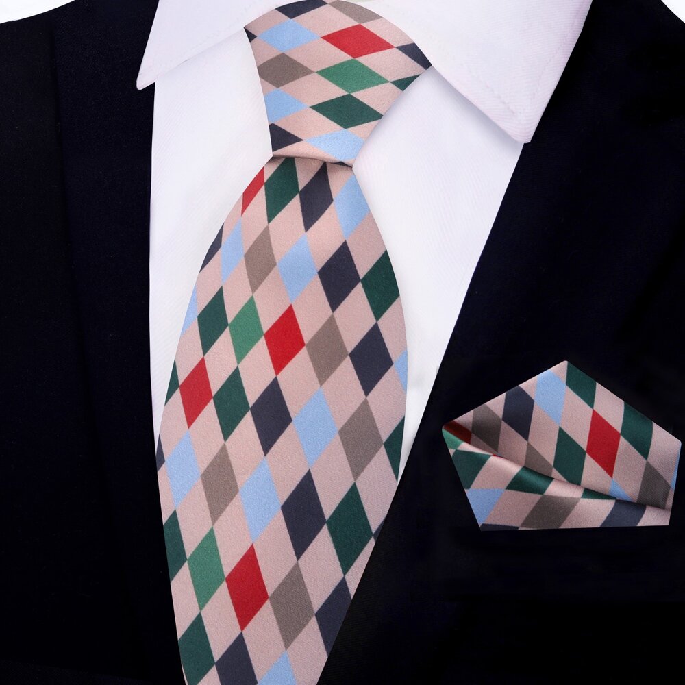 Red, Green, Brown, Blue Harlequin Diamonds Tie and Pocket Square
