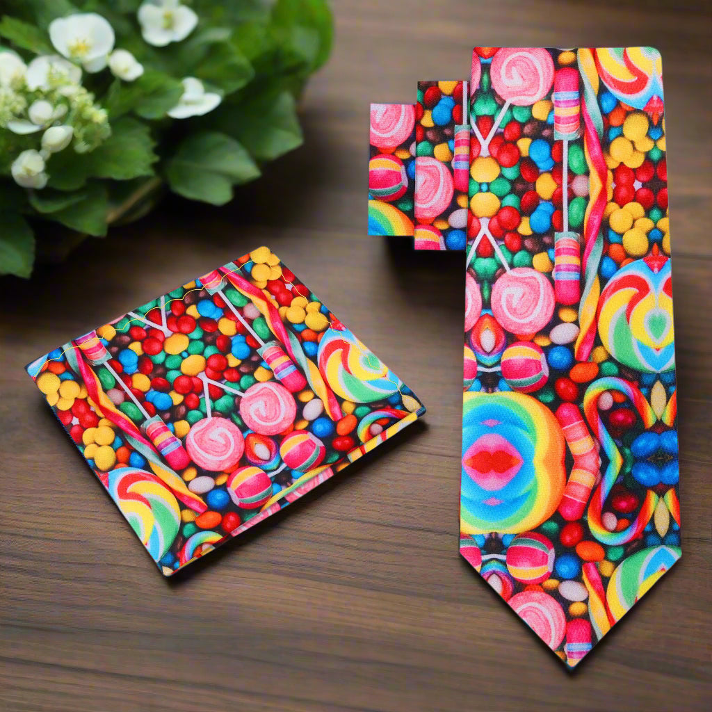 Alt View:  Multiple Bright Colors Candy Pattern Silk Necktie and Pocket Square