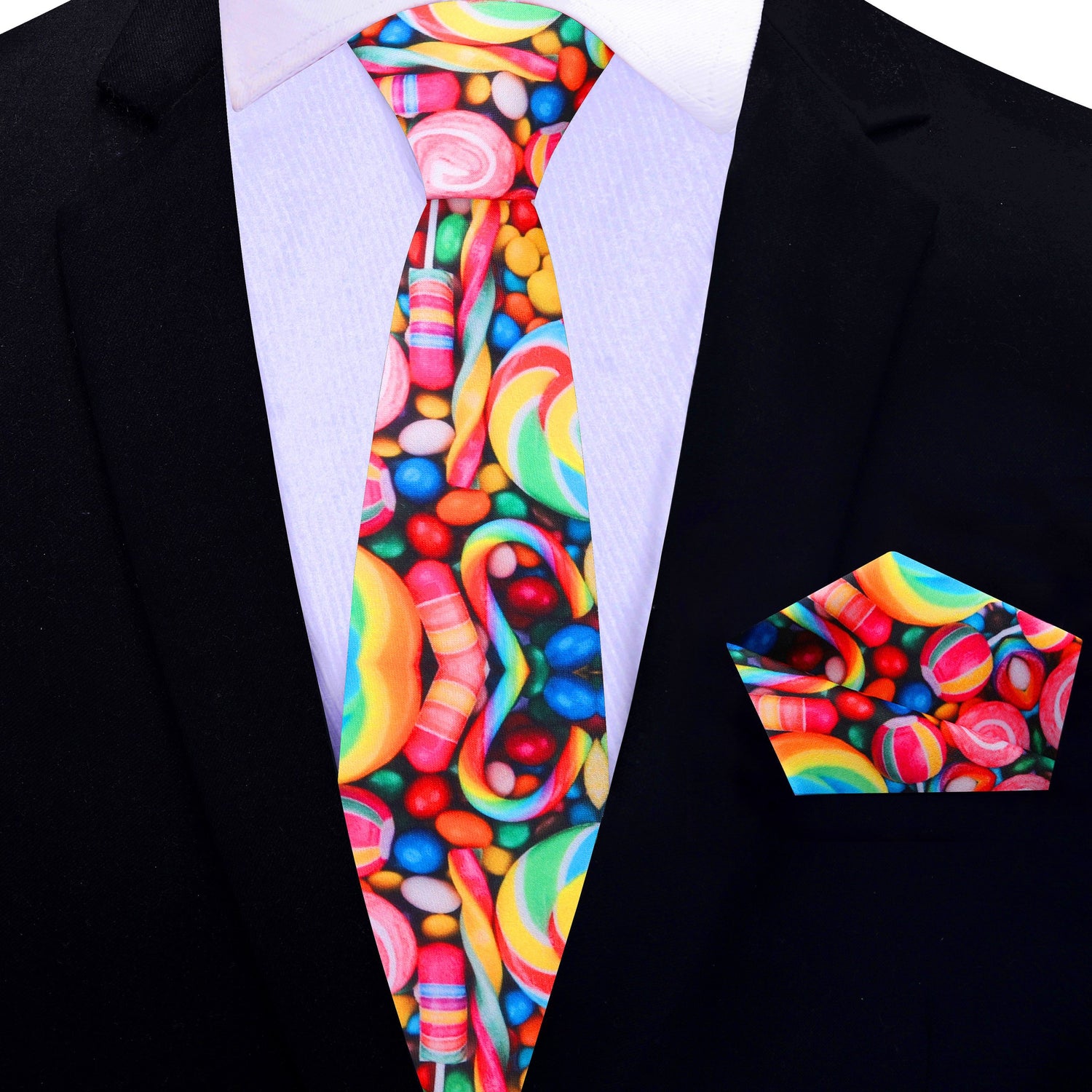 Thin Tie:  Multiple Bright Colors Candy Pattern Silk Necktie and Pocket Square