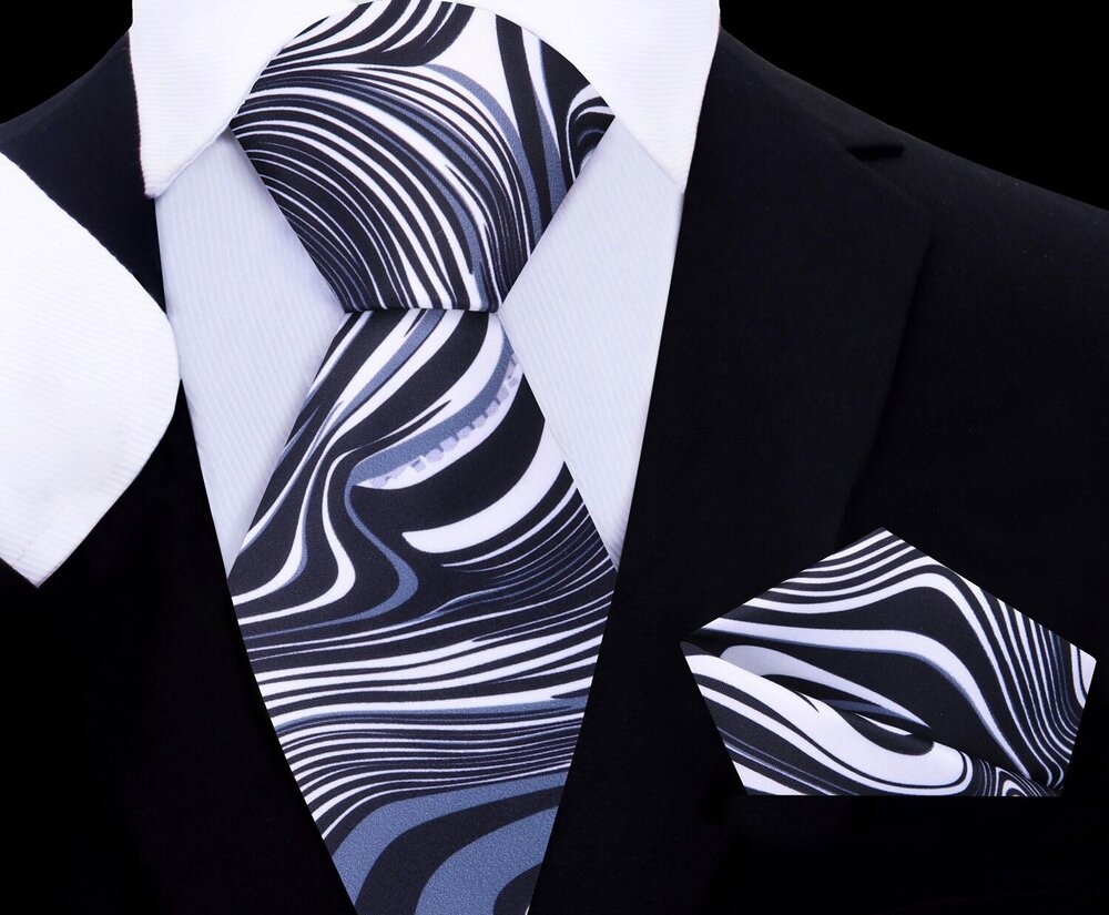 A Black, Grey, White Color Abstract Swirl Pattern Silk Necktie, Matching Pocket Square||Black, Grey, White