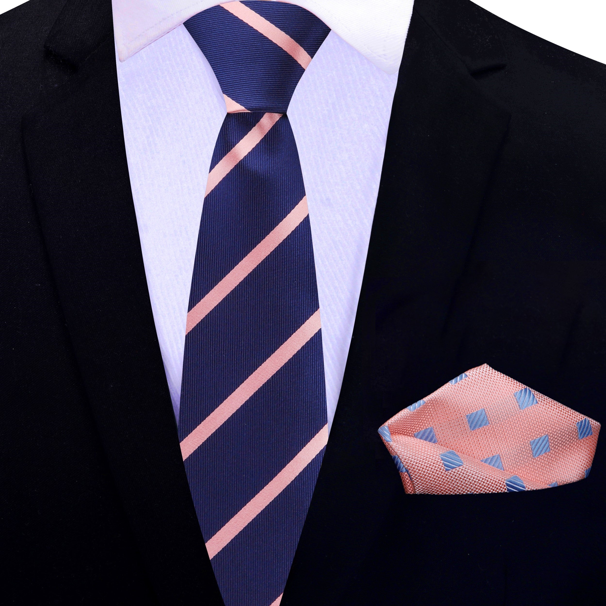 salmon tie blue suit