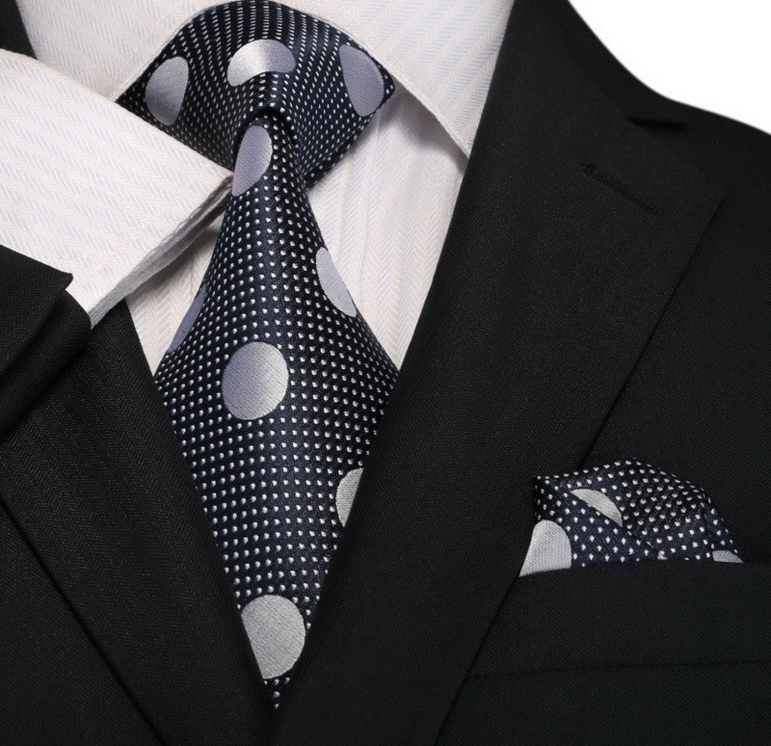 A Dark Blue, Grey Dots Pattern Silk Necktie, Matching Pocket Square
