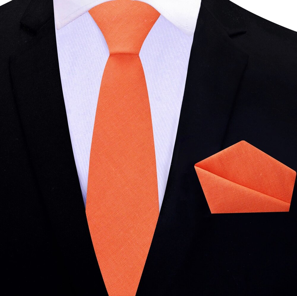 Orange Linen Thin Tie and Square||Orange
