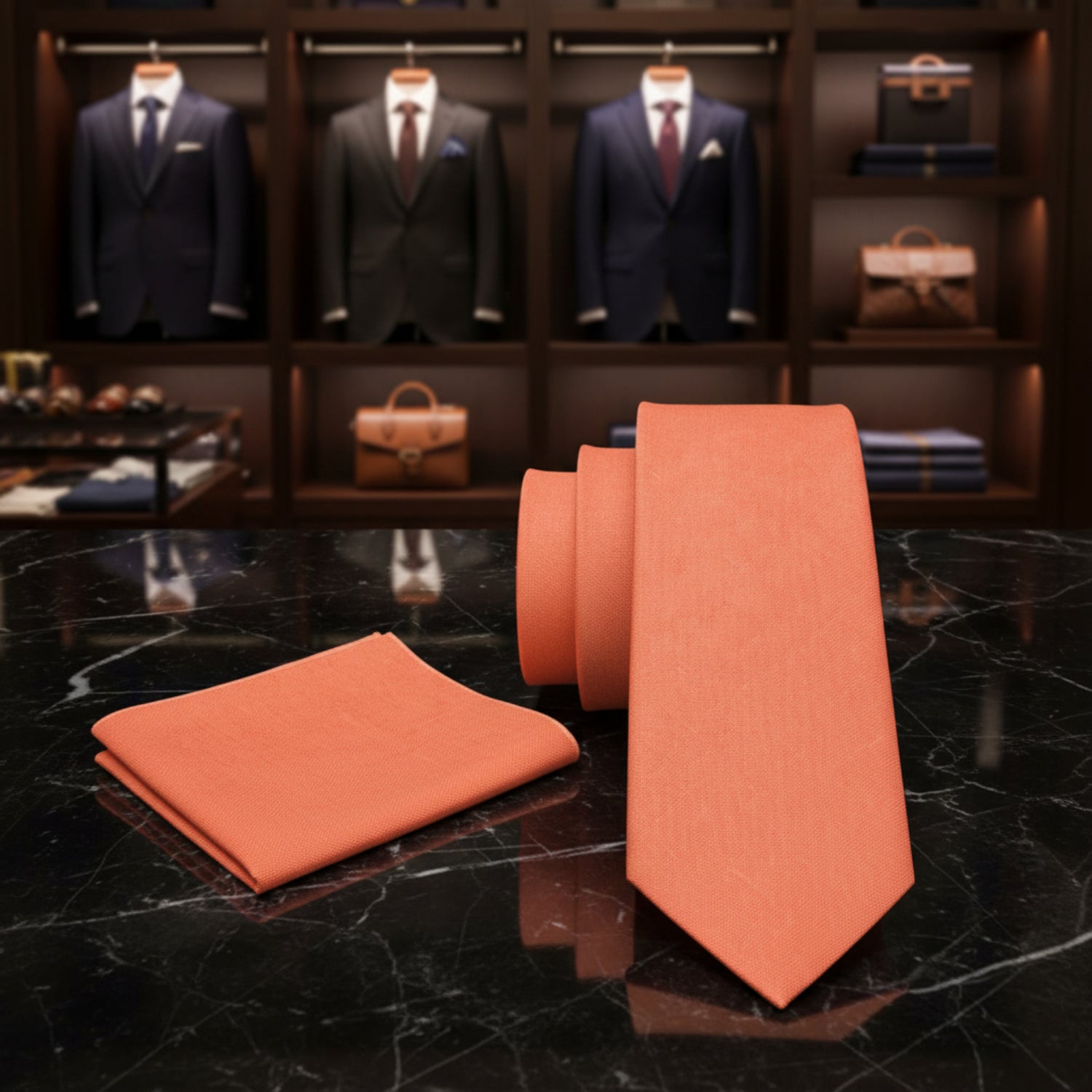 Alt View: Orange Linen Tie and Pocket Square