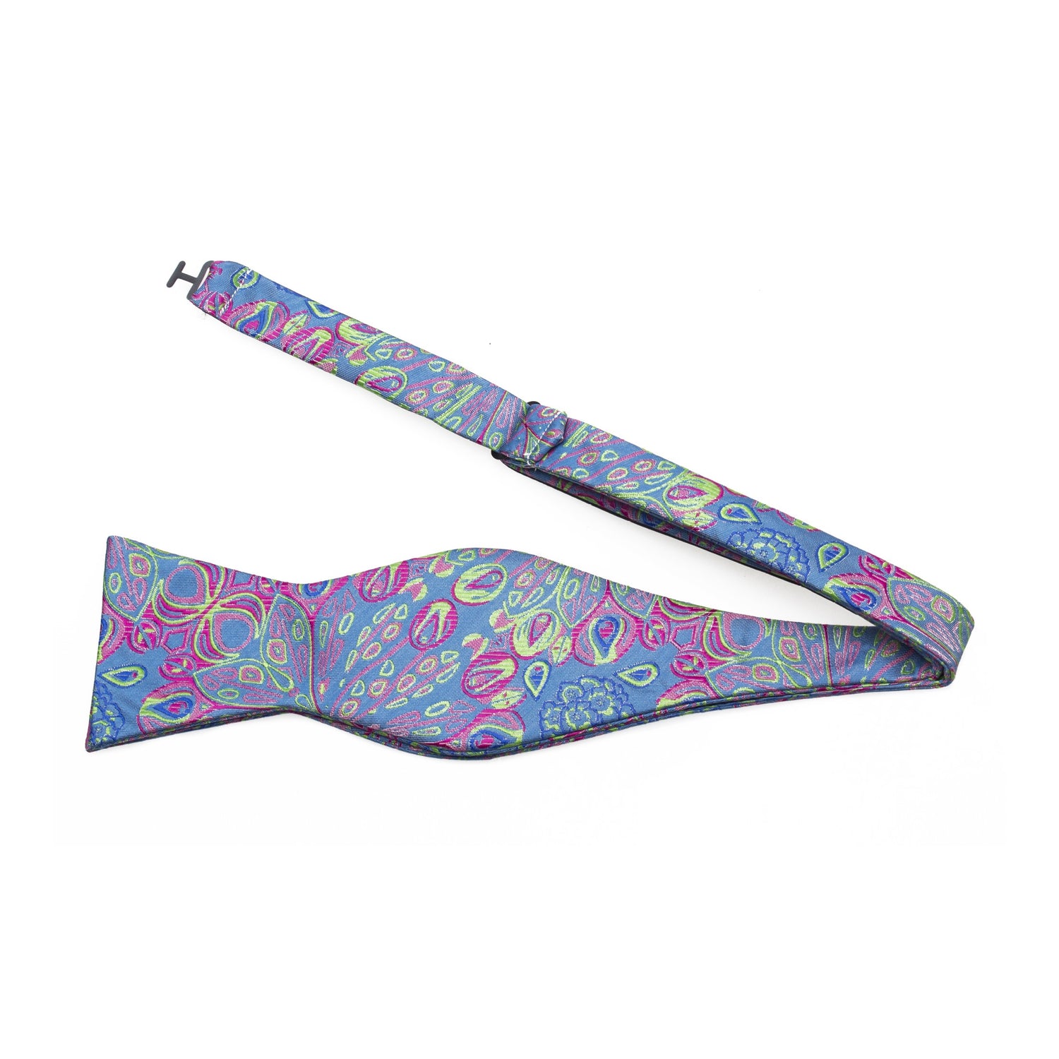 A Neon Blue, Yellow, Pink Abstract Peacock Feather Pattern Silk Self Tie Bow Tie Untied