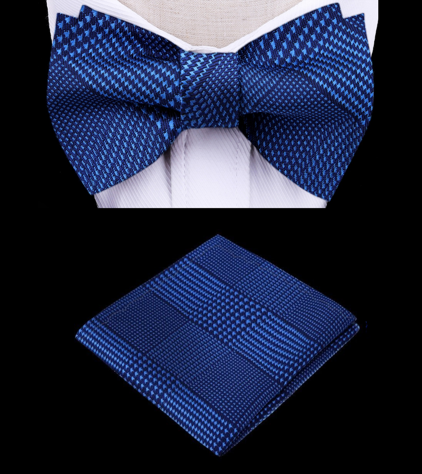 A Blue, Dark Blue Color With Hounds-tooth Pattern Silk Pre-Tied Bow Tie, Matching Pocket Square 