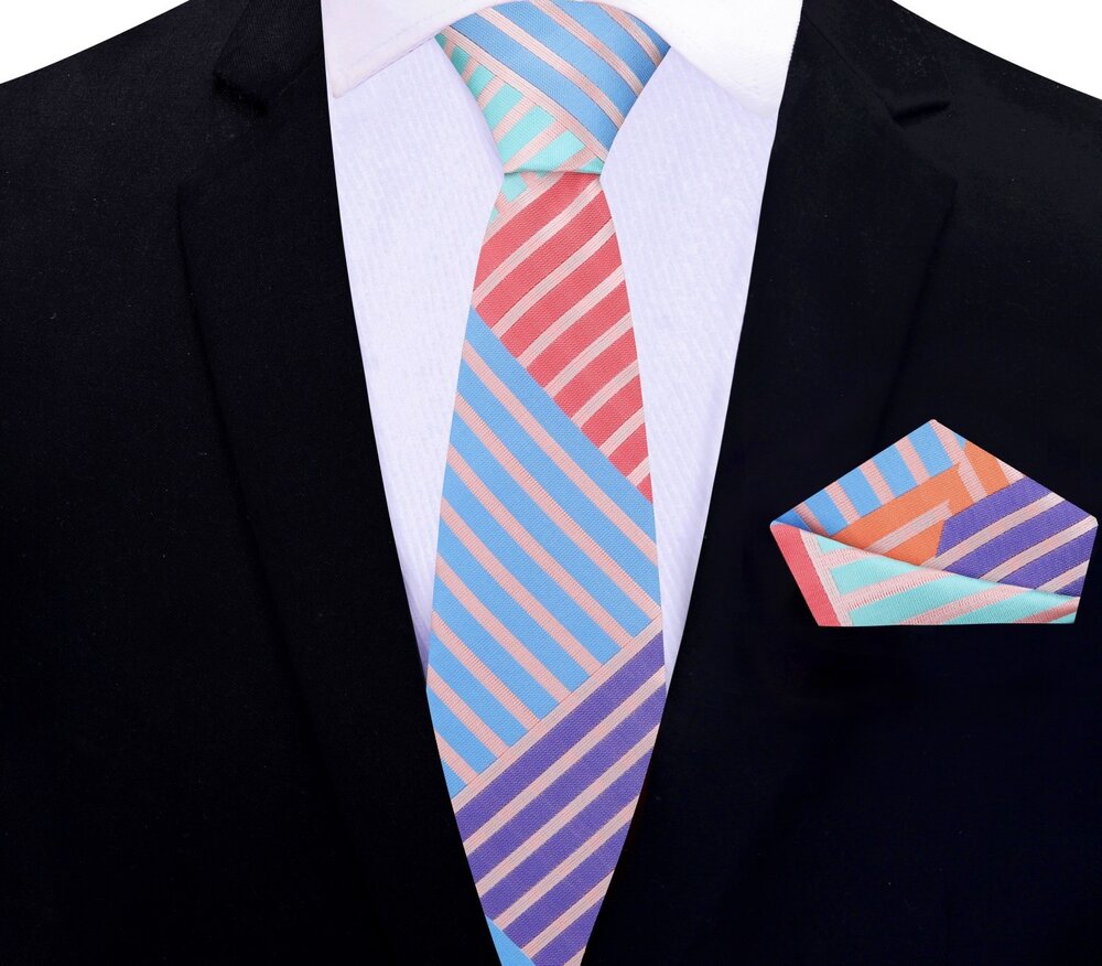Thin Tie View: Thin Tie View: Blue, Purple, Red, Orange Geometric Tie and Square