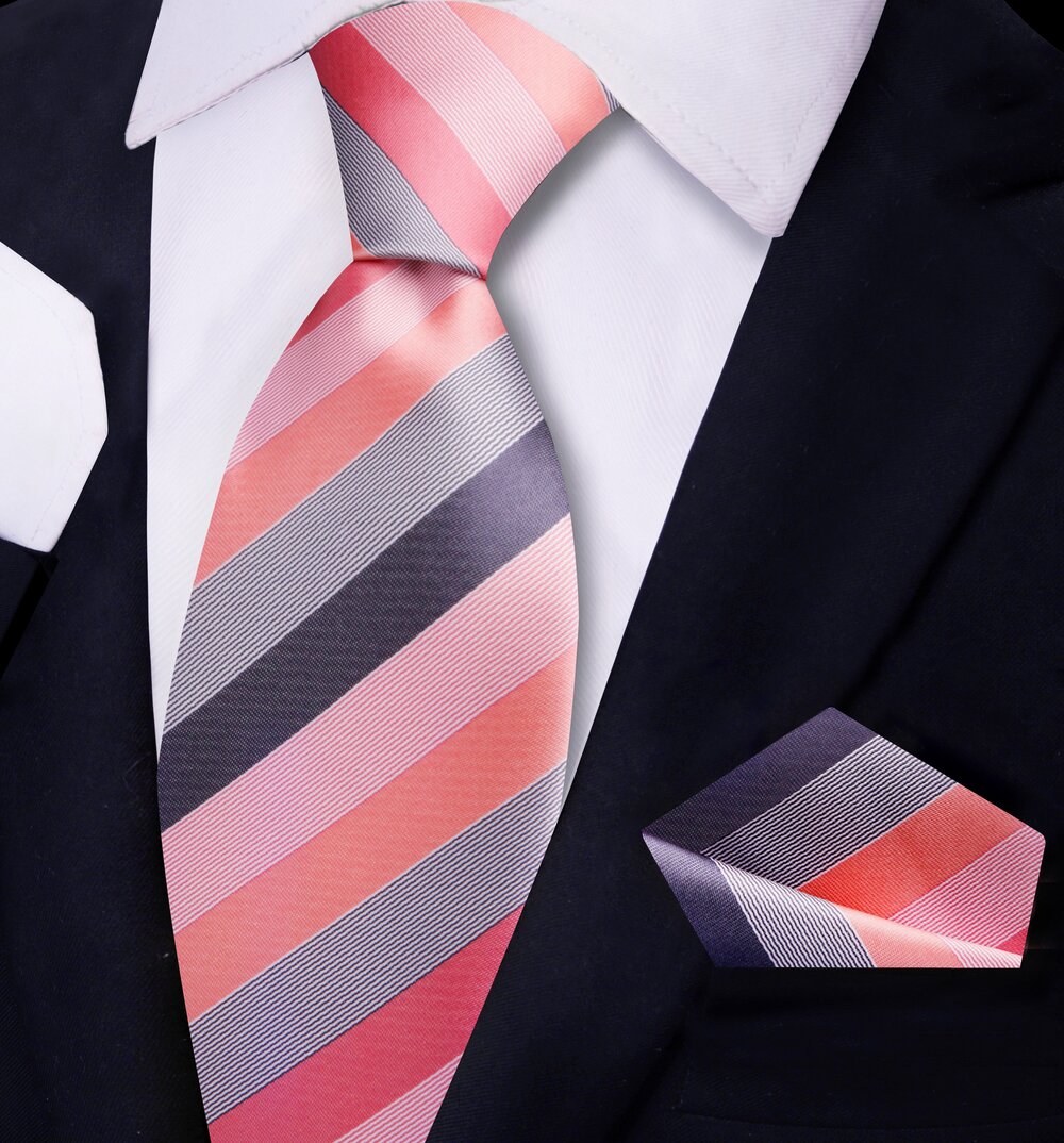peach pink stripe tie and square||Peach, Pink, Smoke Purple