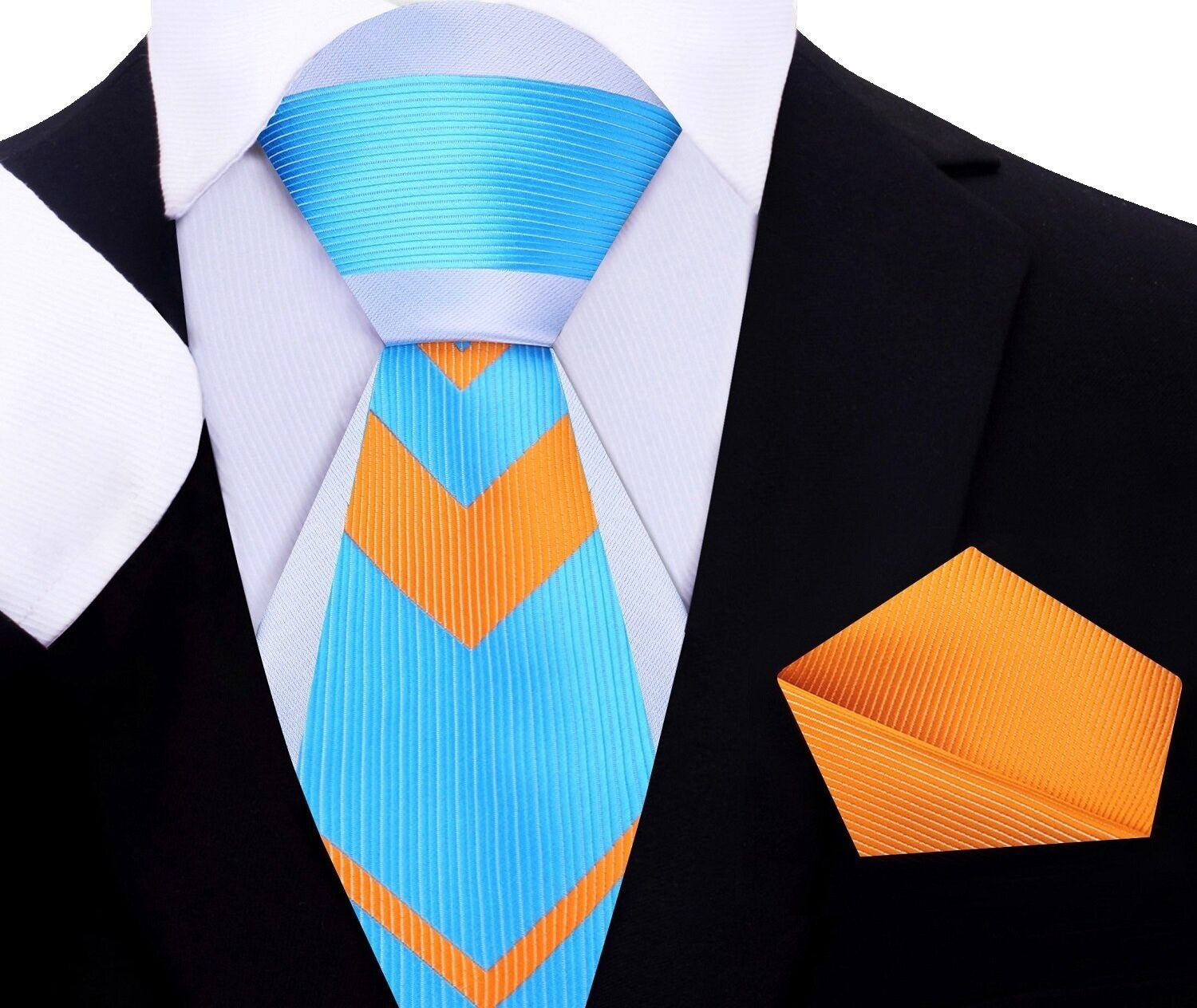 Main View: A Light Blue, Tiger Orange Geometric Abstract Pattern Silk Necktie With Solid Orange Pocket Square
