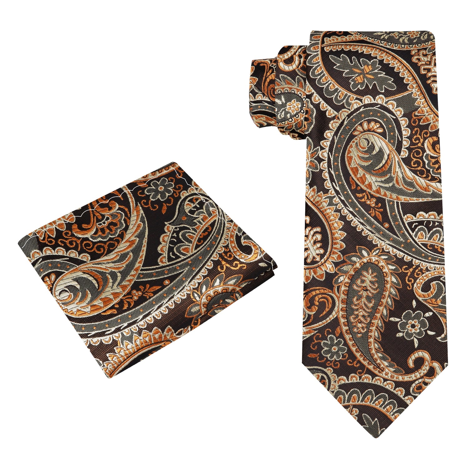 Alt View: Shades of Brown No Check Mahogany Paisley Silk Necktie and Square