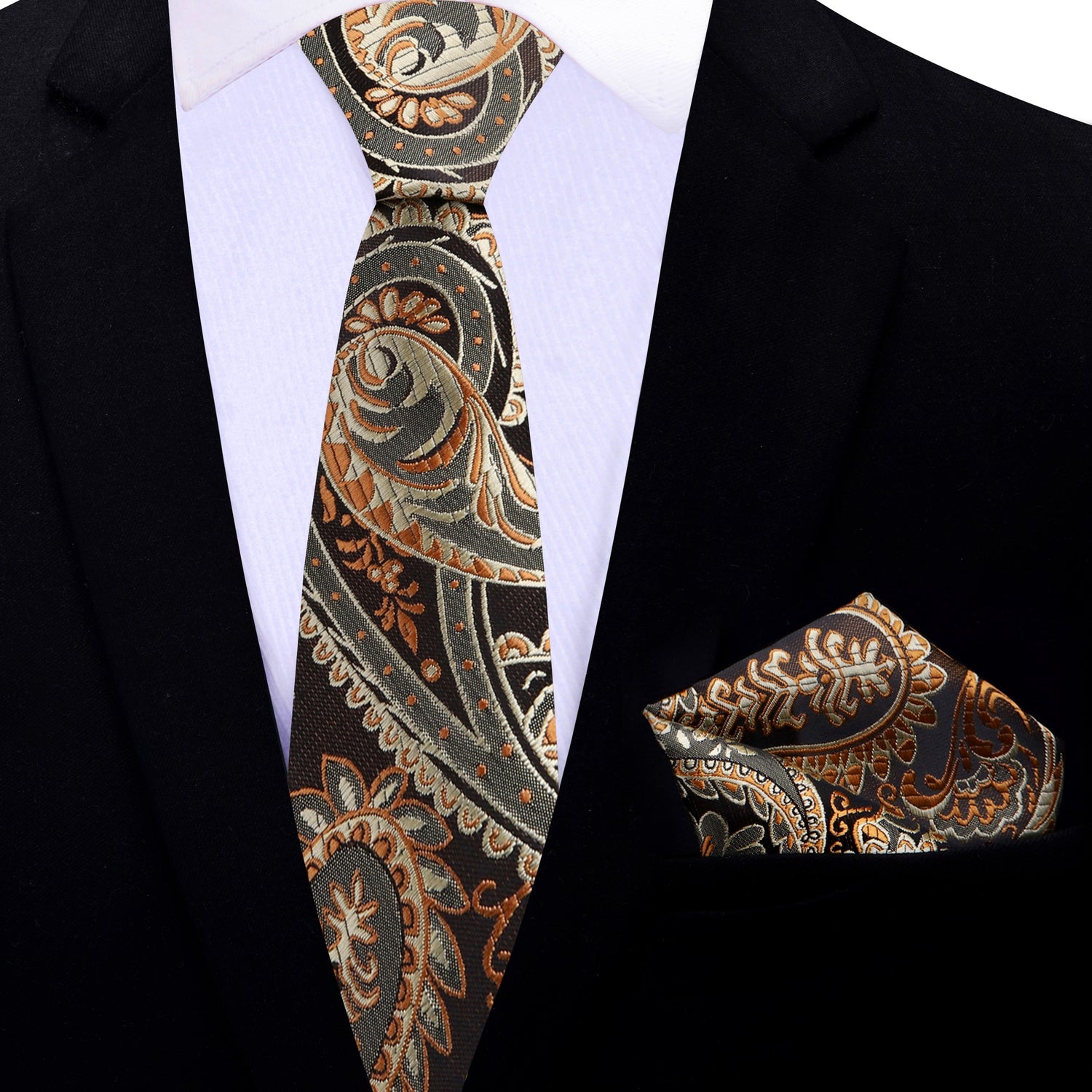 Thin Tie: Shades of Brown No Check Mahogany Paisley Silk Necktie and Square