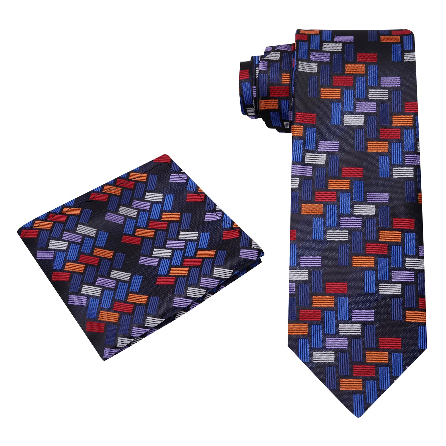 Alt View: Red, Blue, Orange Blocks Tie and Pocket Square