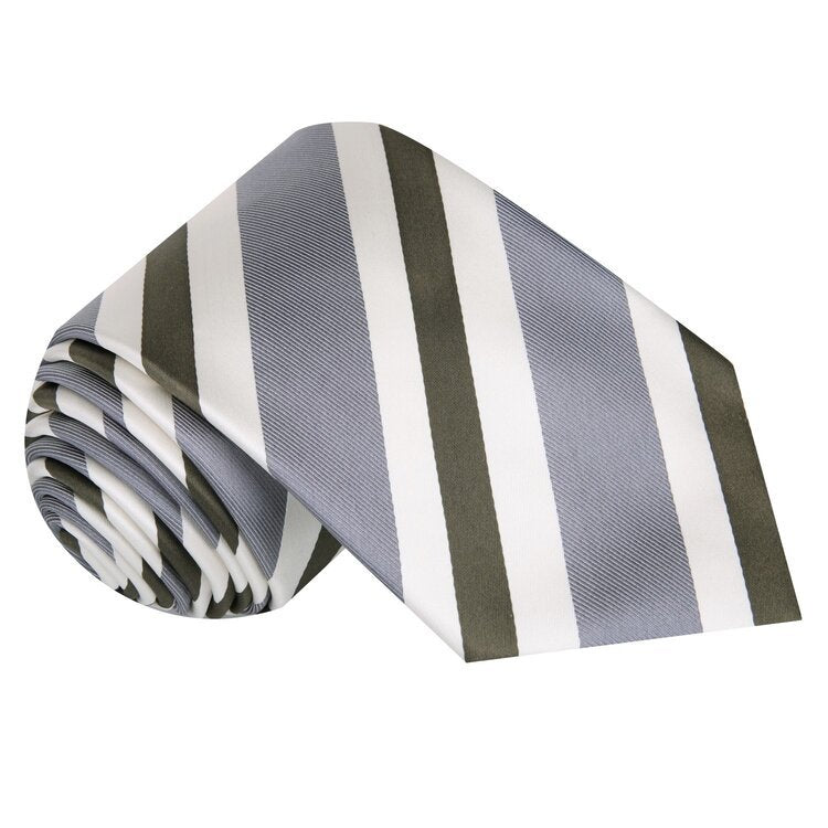 Grey, Olive Stripe Tie||Grey