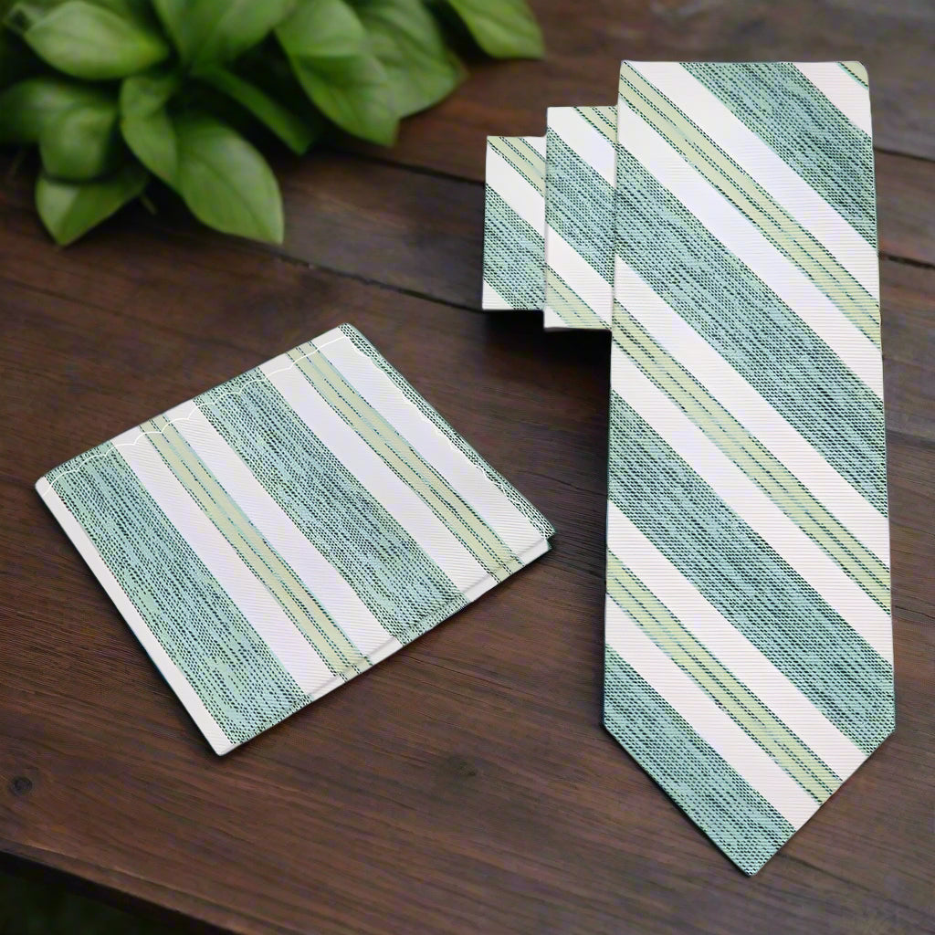 Alt View: Green Shadow, Cream Stripe Tie and Pocket Square