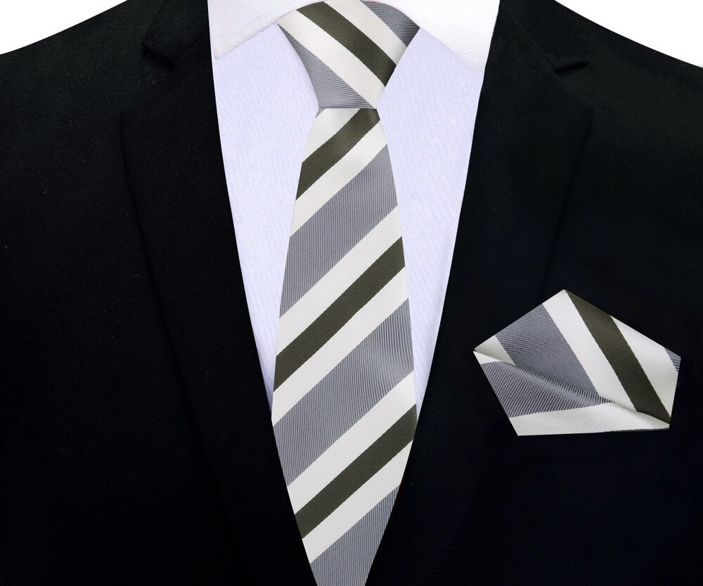 Grey, Off White, Olive Stripe Thin Tie and Square