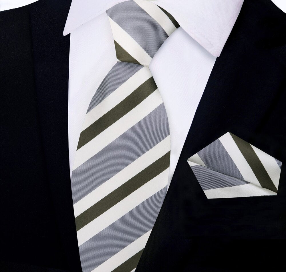Grey, Olive Stripe Tie and Square||Grey