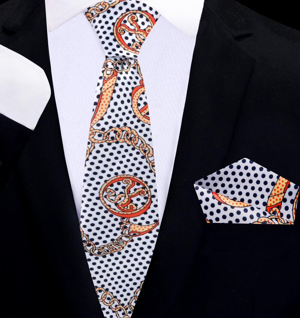 PEACE Tie and Pocket Square thin tie view||Off-white, Gold, Black