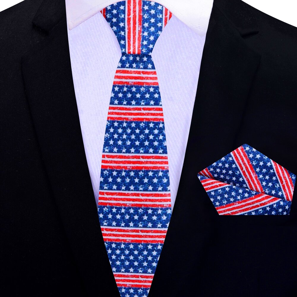 Blue, Red, White Stars and Stripes Thin Tie and Pocket Square